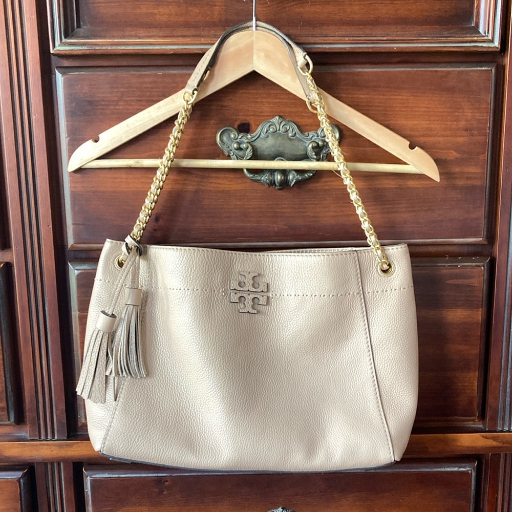 Tory Burch Tan Gold Shoulder Bag with Tassel Detail